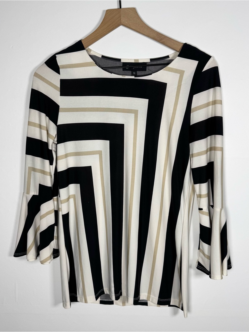 GRAYSON Bell Sleeve Geometric Print Tan Black Flowy Striped Blouse Sz S